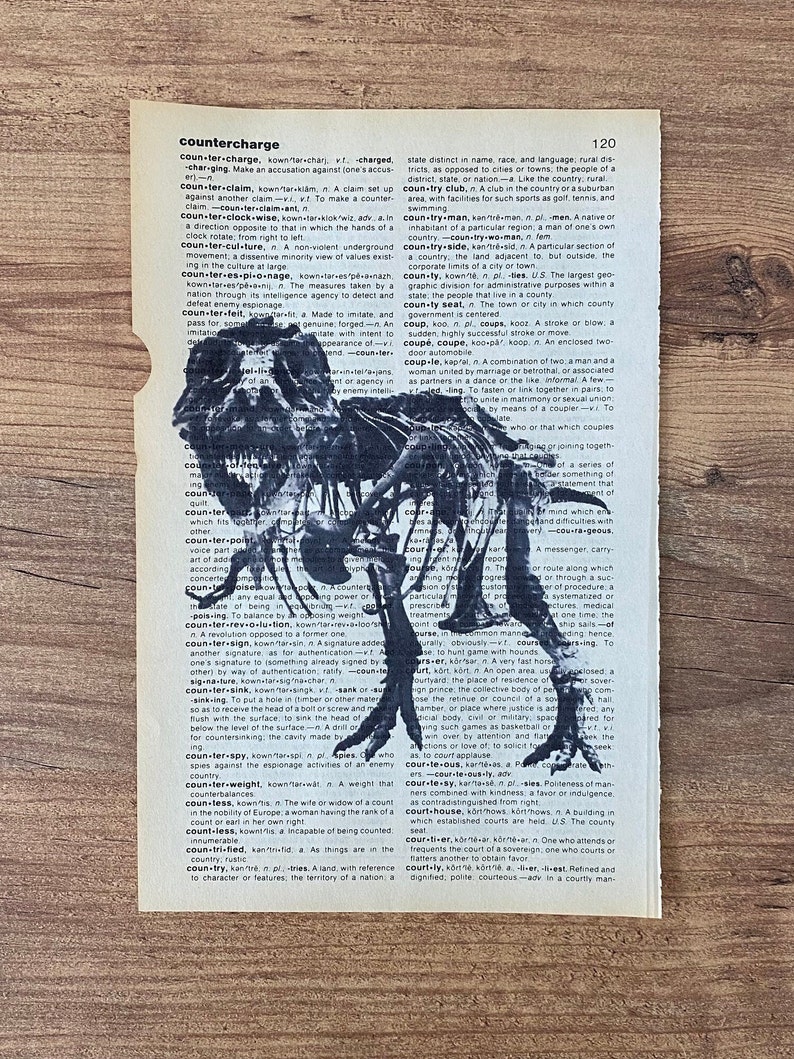 May include: A black and white dinosaur skeleton illustration is printed on a vintage dictionary page. The image is a unique blend of art and literature, perfect for a home decor piece. The page is slightly torn, adding to its antique charm.