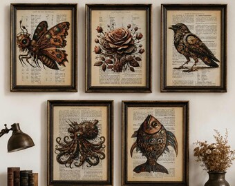 Steampunk Dictionary Print Set – Butterfly, Rose, Raven, Octopus & Fish | Vintage Book Page Wall Art | Gothic Steampunk Home Decor