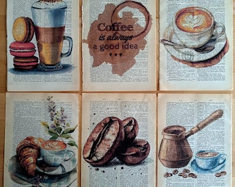 Vintage Coffee Dictionary Print Set, Antique Book Page Wall Art, Rustic Kitchen Decor, Coffee Lover Gift,  Espresso & Cafe Illustration
