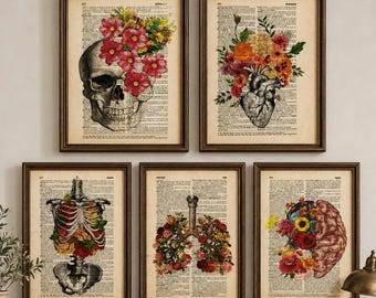Set of 5 art prints on old dictionary page, anatomy on antique book page print, human anatomy posters, flower wall art, anatomy art..