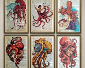 Octopus Woman Art Print Set – 6 Vintage Dictionary Page Prints, Nautical Wall Art, Surreal Cephalopod Illustrations, Ocean Fantasy Decor