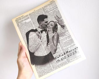 Personalized Portrait on Vintage Dictionary Page, Custom Couple Drawing from Photo, 50-100 Year Old Book Art, Valentines Day Gift for Her