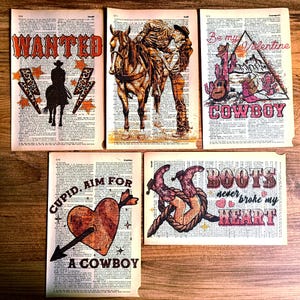 Lot de 5 décorations d'intérieur pour la Saint-Valentin, estampes de dictionnaire, Western walentine, Cupidon, carte de la Saint-Valentin, idées pour la Saint-Valentin, Cowboy, décoration de la Saint-Valentin