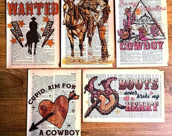 Set of 5 Valentines Home Decor, Dictionary Prints, Western Walentine, Cupid, Valentine Card, Valentine Ideas, Cowboy, Valentines Decor