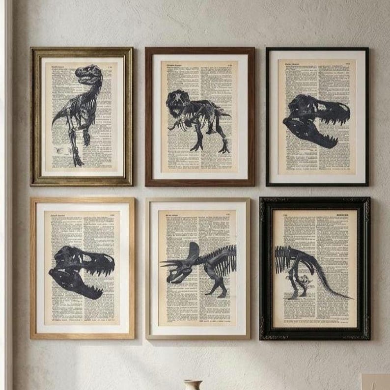 Set of 6 Dinosaur Skeleton Prints on Old Dictionary Page, Dinosaur Lover Gift, Dinosaur Wall Art, Vintage Dinosaur Art, Boys Room Wall Art image 2