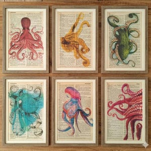 Set of 6 art prints on old dictionary page, octopus on antique book page print, bathroom wall art, octopus, octopus home decor, image 5