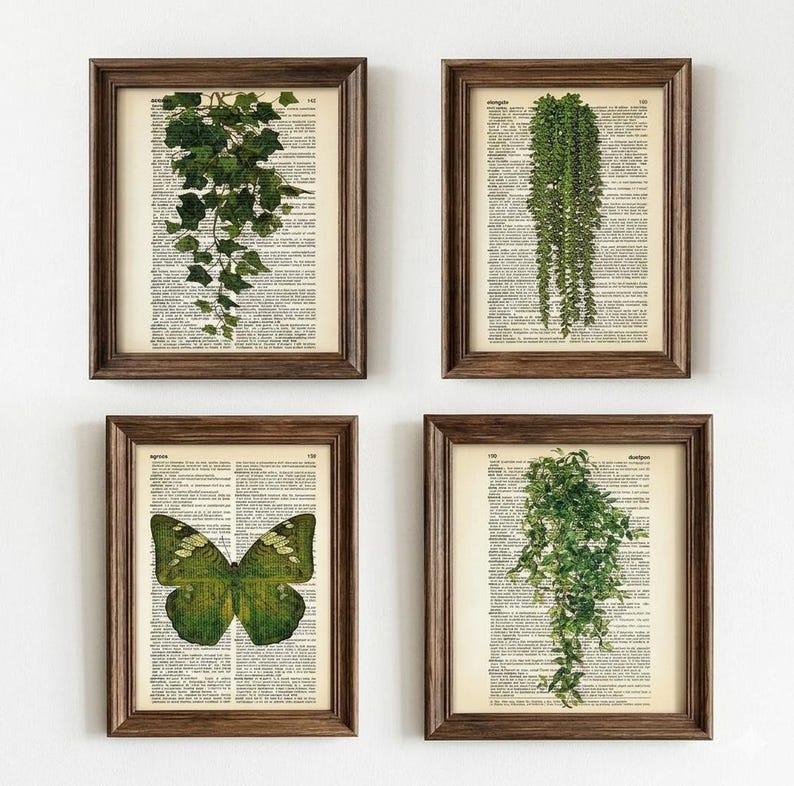 Vintage groene bloemen woordenboek print boho muurkunst groene bladeren bloemenmarkt prints vintage vlinder lijntekeningen mintgroen retro print afbeelding 2