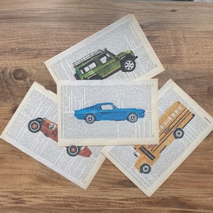 Conjunto de impresiones de pared de guardería de 4 coches, impresión en página de diccionario antiguo, decoración de guardería, baby shower para niños, arte de pared de guardería, arte de pared de dormitorio