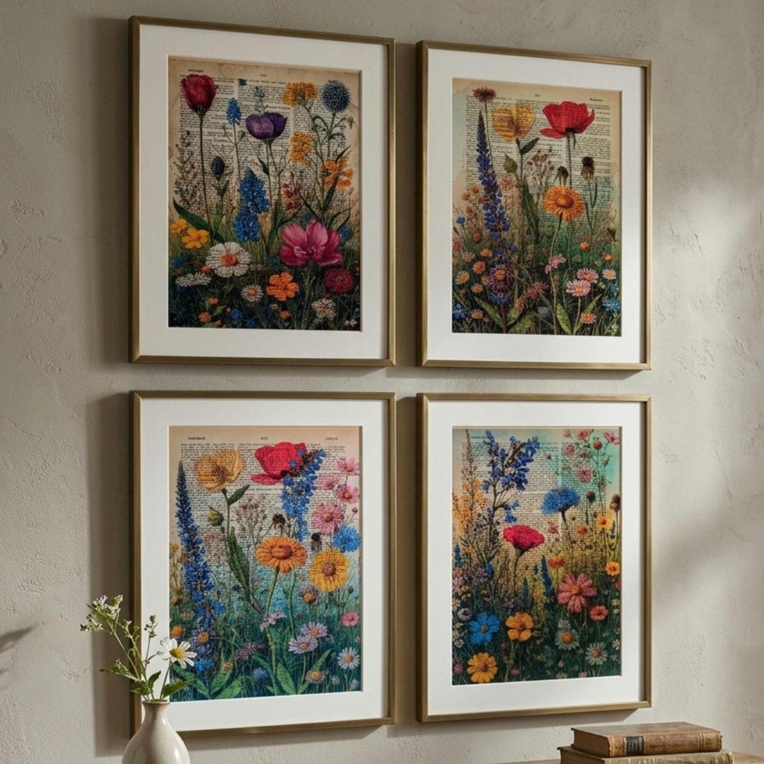 Vintage Wildflower Botanical Print Set, Floral Dictionary Page Wall Art ...