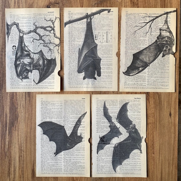 Set of 5 bat prints dictionary page, bat theme on book page, Romantic Victorian gothic home decor art prints, black white art, bat decor