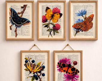 Vintage Butterfly Wall Art Set, Dictionary Page Art Print, Botanical Butterfly Gallery Wall, Cottagecore Nature Decor, Insect Illustration P