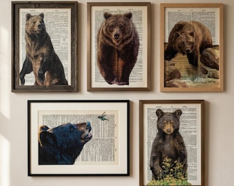 Brown Bear Prints on Vintage Dictionary Page, Set of 5 Forest Animal Wall Art, Rustic Cabin Decor, Wildlife Lover Gift, Unframed Art Set