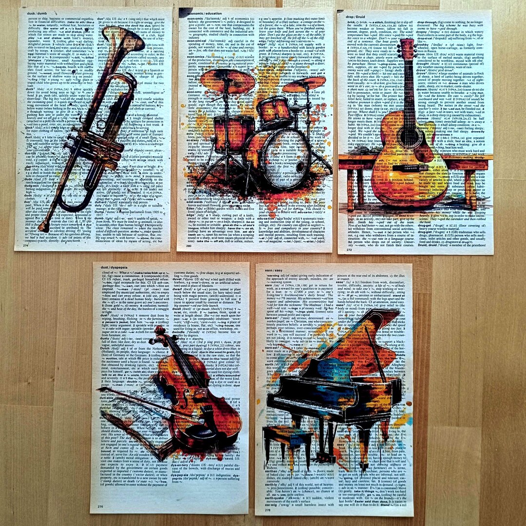 Musical Instruments Dictionary Print Set, Vintage Music Wall Art, Drum ...