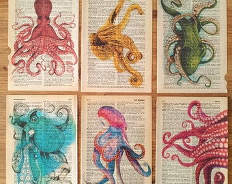 Set of 6 art prints on old dictionary page, octopus on antique book page print, bathroom wall art, octopus, octopus home decor,