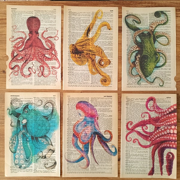 Ensemble de 6 impressions d'art sur une vieille page de dictionnaire, pieuvre sur une page de livre ancien, art mural de salle de bain, pieuvre, décoration d'intérieur de pieuvre,