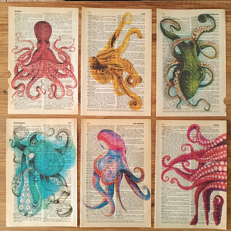 Set of 6 art prints on old dictionary page, octopus on antique book page print, bathroom wall art, octopus, octopus home decor, image 1