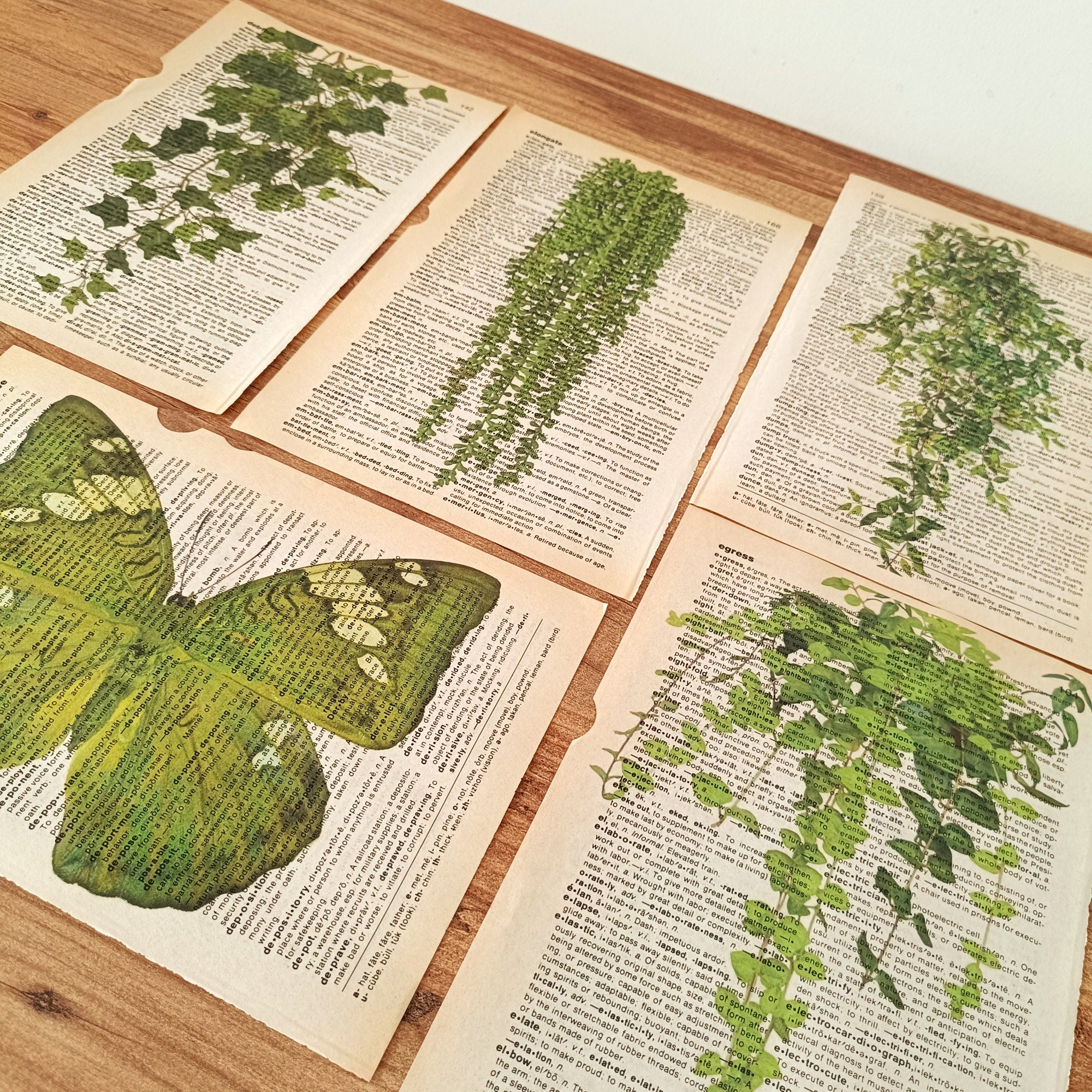 Vintage Green Floral Dictionary Print Boho Wall Art Green Leaves Flower ...