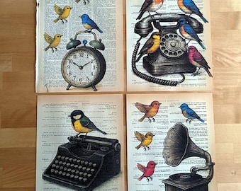 Vintage Dictionary Art Print Set: Antique Telephone, Clock, Typewriter & Birds
