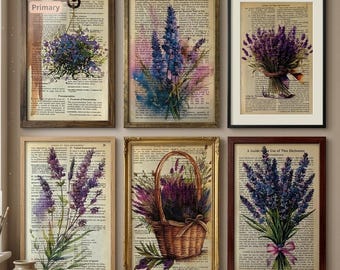 6 Lavender Dictionary Print Set, Vintage Botanical Wall Art, Lavender Decor, Purple Floral, Kräuterposter, Lavendel Bild, Farmhouse Kitchen
