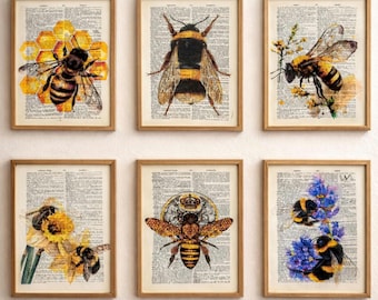 Vintage Bee Wall Art Set, Bee Wall Art Set of 6, Botanical Bee Illustration, Honey Bee Decor, Beekeeper Gift, Nature Lover Gift, insect art