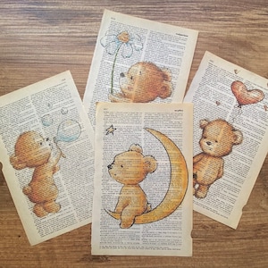 Conjunto de 4 impresiones de pared de guardería de safari, impresión en página de diccionario antiguo, decoración de guardería, baby shower de osos, arte de pared de guardería, arte de pared de dormitorio
