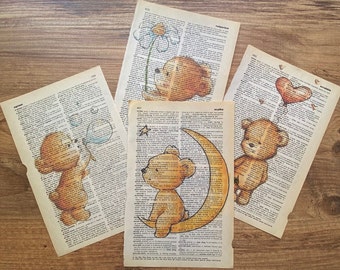 Set of 4 safari nursery wall prints, print on antique dictionary page,  nursery decor, bear baby shower, nursery wall art, bedroom wall art