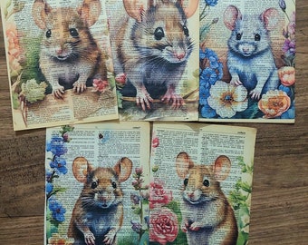 Set of 5 Mouse Print on Vintage Dictionary Page, Mouse Print, Animal Wall Art, Mouse Art, Rat Wall Art Set