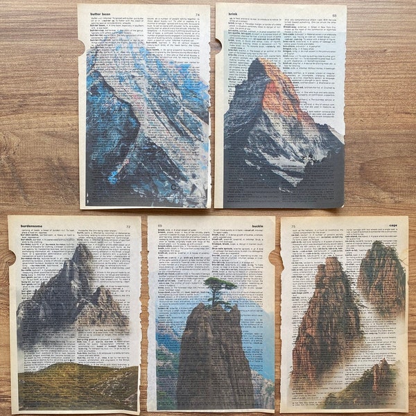 Set of 5 mountain prints on old dictionary page, nature wall print on antique book , nature lover gift,  landscape wall art, national park..