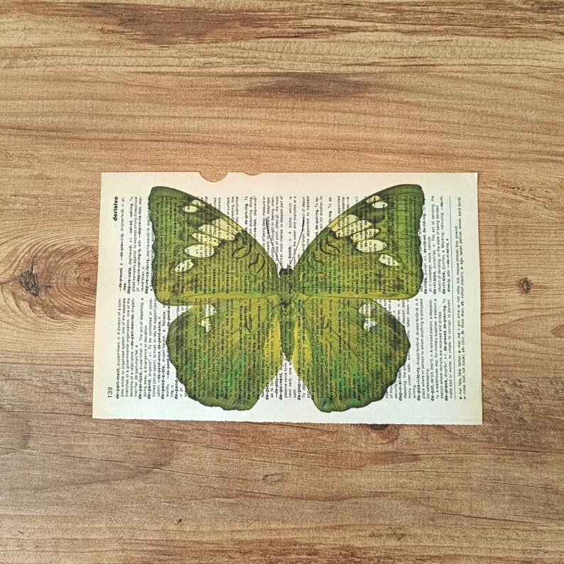 Op de afbeelding: Een groene vlinder met witte markeringen is afgedrukt op een pagina van een vintage boek. De vlinder is gecentreerd op de pagina en het boek ligt op een houten oppervlak.