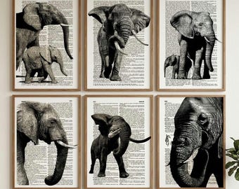 Elephant Print Set, Elephant Poster, Book Lover Gift, Elephant Dictionary Print, Black and White Art, Vintage Poster, Jungle, Elephant Gifts