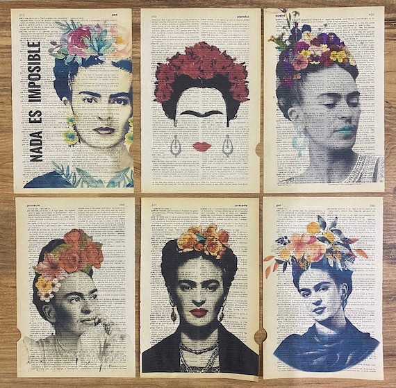 Set of 6 Frida Kahlo Print on Old Dictionary Page, Vintage Wall Art, Dictionary Art, Frida, Feminist Art,  Frida Art, Dictionary Print Kahlo