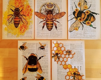 Set of 5 art prints on old dictionary page, bee and honey theme on antique book page, bee posters, minimalistic yellow wall art, bee art..