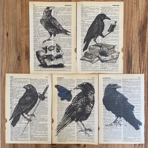 5er Set Kunstdrucke auf alter Wörterbuchseite, Krähenmotiv auf Buchseite, Viktorianische Gothic Wohnkultur Kunstdrucke, schwarz weiß Kunst ...