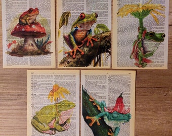 Vintage Frog Art Prints on Old Dictionary Pages - Set of 5