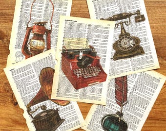 Set of 5 Art Prints on Old Dictionary Page, Vintage Objects on Antique Book Page, Office Wall Art, Typewriter Gramophone retro wall art