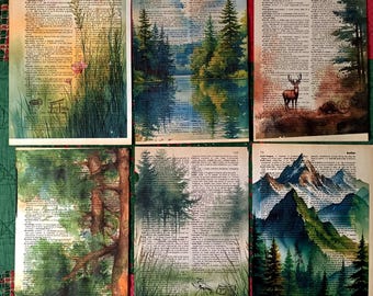 Vintage Dictionary Art Print Set: Forest, Lake, Deer - Dark Academia Wall Decor