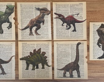 Set of 7 art prints on old dictionary page, dinosaurs on antique book page print, dinosaur posters, minimalistic t-rex wall art