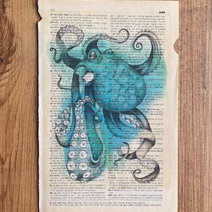 Set of 6 art prints on old dictionary page, octopus on antique book page print, bathroom wall art, octopus, octopus home decor, image 8