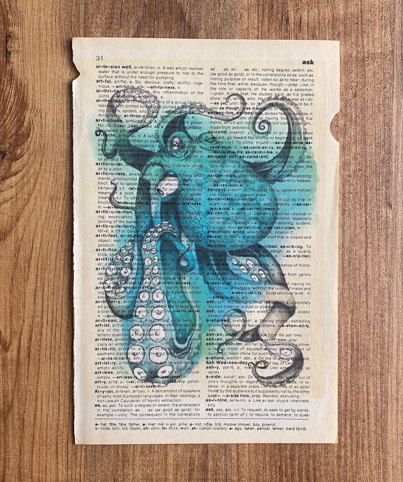 Set of 6 art prints on old dictionary page, octopus on antique book page print, bathroom wall art, octopus, octopus home decor, image 8