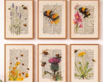 Bee Art, Bee Poster, Bee Decor, Kitchen Decor,  Wildlowers, Wildlower Dictionary Print, Watercolor Home Decor, Bee Wall Art, Nursery Yellow