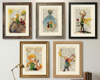 De kleine prins boekenpagina kunstafdrukken, set van 5 woordenboekpagina wanddecoratie, Le Petit Prince kinderkamerkunst, vos en roos illustratie cadeau