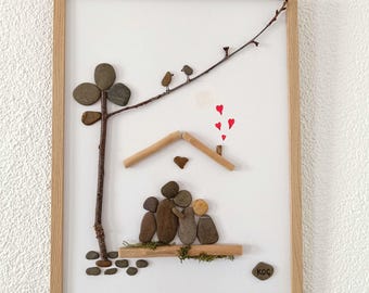 Personalized Pebble Art Family Portrait – Custom Family Name Stone Portrait – Handmade Rustic Wall Decor – Unique Christmas Family Gift