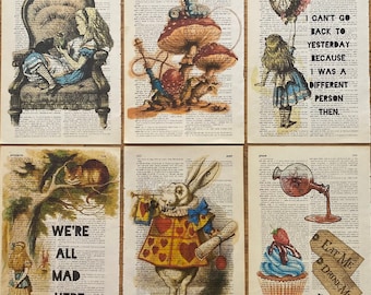 Alice in Wonderland Book Page Print, We're All Mad Here, Alice Dictionary Quote, Book Lover Gift, Recycle Book, Childrens Book, Wonderland