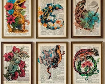 Kleurrijke bloemen gekko woordenboek print – Hagedis kunst aan de muur, salamander vintage fotoboekpagina kunst, botanische reptielen woondecoratie