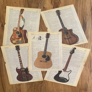 Set of 5 guitar prints on old dictionary page, guitar poster on antique book page print, guitar wall art, rock music decor...