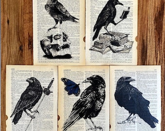 May include: Five black and white crow illustrations printed on vintage dictionary pages. Each crow is depicted in a different pose, with one holding a book, another perched on a skull, and another with a sword. One crow is accompanied by a blue butterfly.