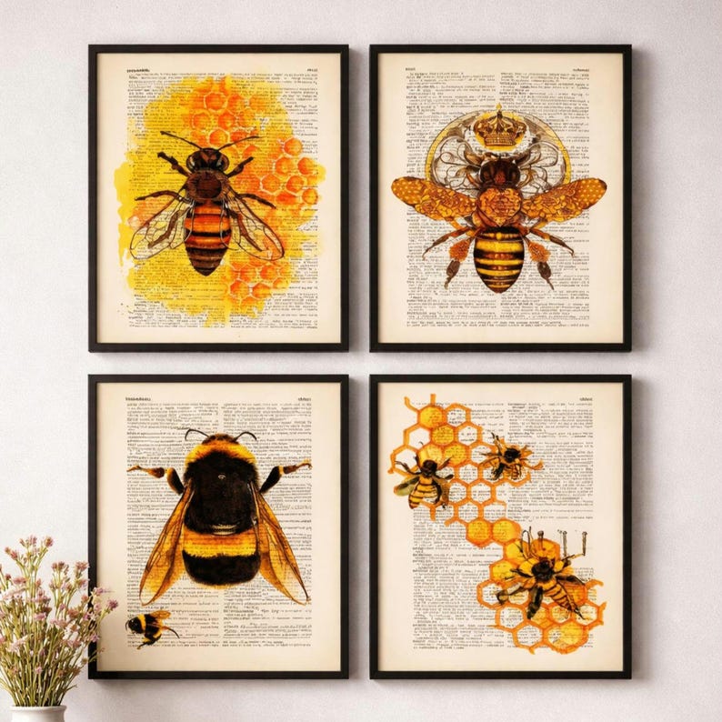 Set of 5 Art Prints on Old Dictionary Page, Bee and Honey Theme on ...