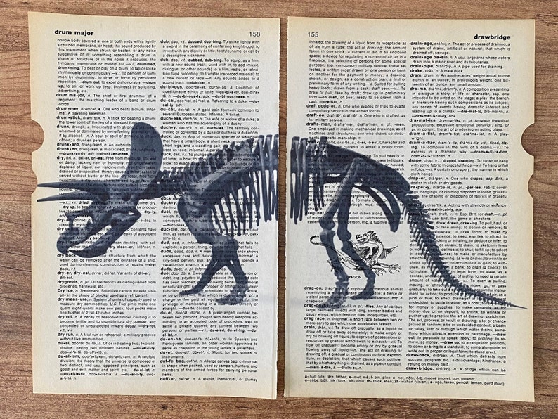 Set of 6 Dinosaur Skeleton Prints on Old Dictionary Page, Dinosaur Lover Gift, Dinosaur Wall Art, Vintage Dinosaur Art, Boys Room Wall Art image 3