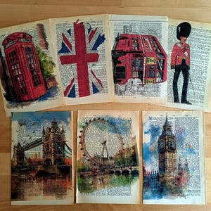 Ensemble d&#39;impressions de dictionnaire sur le thème de l&#39;Angleterre, art mural britannique vintage, décoration Londres, idée cadeau Royaume-Uni, affiche Big Ben, métro de Londres, Tower Bridge