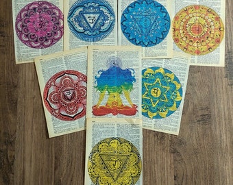 Set of 8 Chakra Print on Vintage Dictionary Page, Chakra wall art, Aura Print, Hippie Room Decor, Yoga Wall Art, Meditation Room